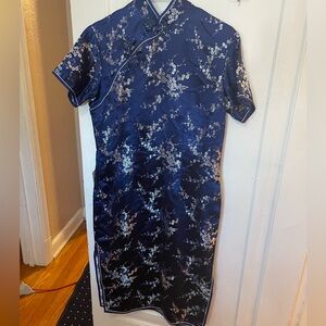 Yin Xing Blue Floral traditional Cheongsam dress 100% Rayon size M